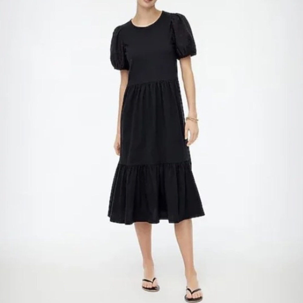 J. Crew NWT Women's Eyelet Puff Sleeve Black Tiered Midi Dress- Size XS